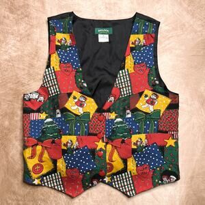 Vintage 90s Snowden Patchwork Holiday Christmas Raggedy Ann & Andy Vest Silk